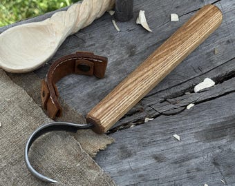 Spoon and Bowl Carving Knife – Large Hook Blade, Hand Forged from Carbon Steel, Ash Wood Handle, Leather Sheath. Tool for Wood Carving.