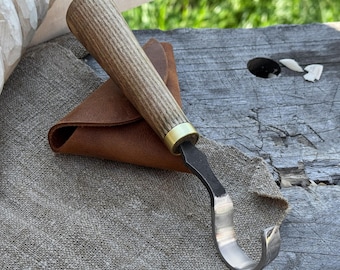 Spoon Carving Hook Knife. Razor Sharp Blade. Hand Forged from Hardened Carbon 52100 Steel, Ash Wood Handle, with Leather Sheath. Gift Him