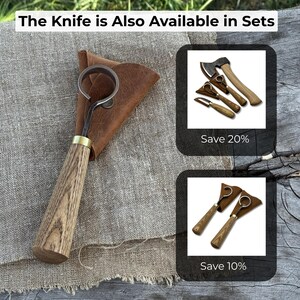 May include: A wood-handled carving knife with a curved blade and a leather sheath. The knife has a brass ferrule and is shown on a textured, neutral-colored surface. The text at the top says "The Knife is Also Available in Sets."