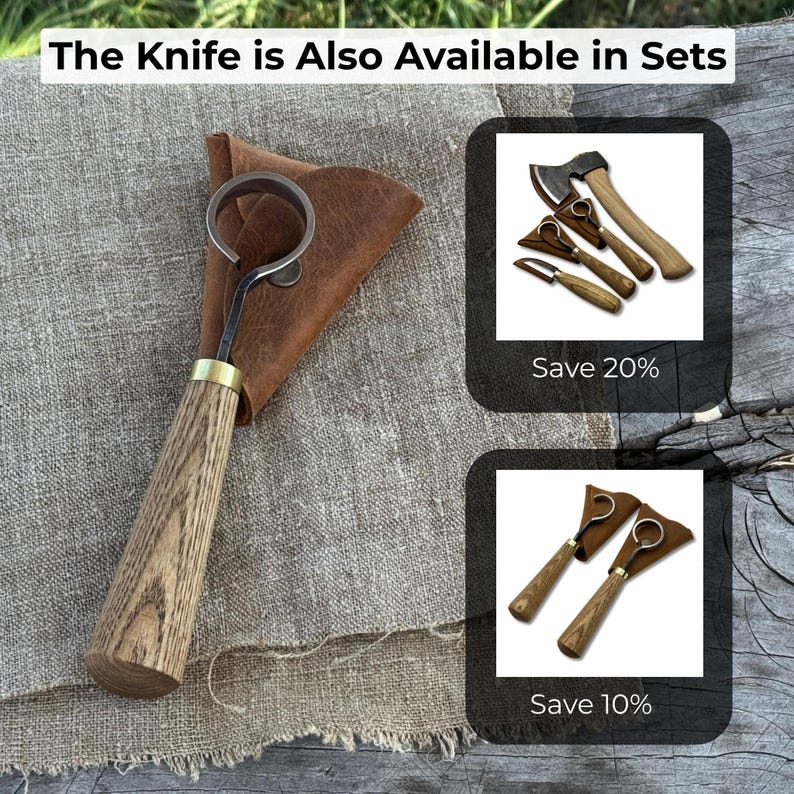May include: A wood-handled carving knife with a curved blade and a leather sheath. The knife has a brass ferrule and is shown on a textured, neutral-colored surface. The text at the top says "The Knife is Also Available in Sets."
