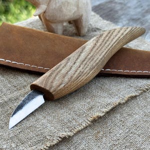 Small Forged Whittling Knife. Sharp Carbon Steel Blade. Ergonomic Ash Handle. Leather Sheath. Detailed Carving Knife. Tool for Wood Carving
