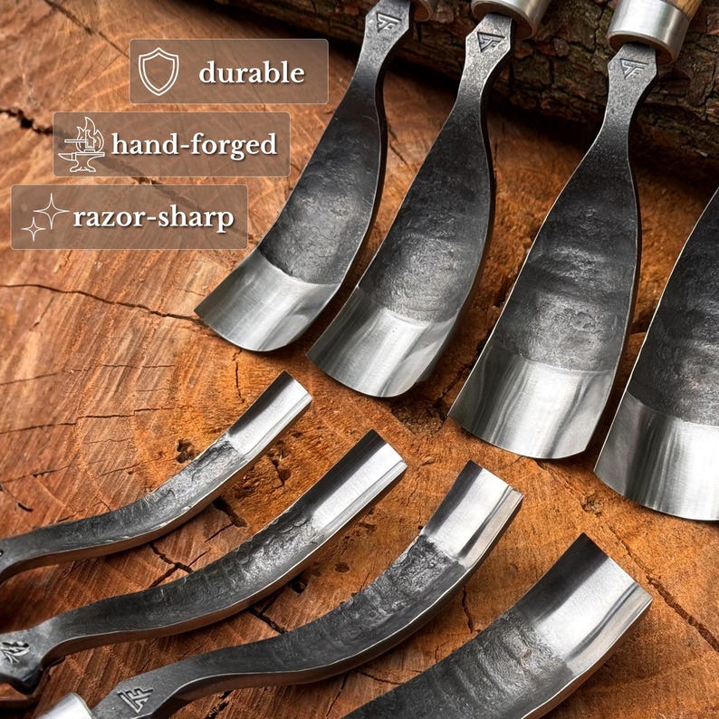 May include: A set of metal woodworking gouges with curved, dark, textured blades and polished edges. The tools feature a stamped logo on the metal neck. Text overlays on the image include the words durable, hand-forged, and razor-sharp.
