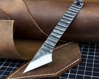 Kiridashi – a Compact and Razor-Sharp Knife. Japanese Style Blade. Hand Forged from Hardened Carbon 52100 Steel, With Leather Sheath. Gift