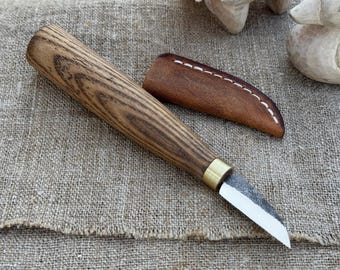 Hand-Forged Small Whittling Knife. 52100 Carbon Steel Blade, Ash Handle, Leather Sheath. Sharp Knife for Spoon Carving and Wood Carving.