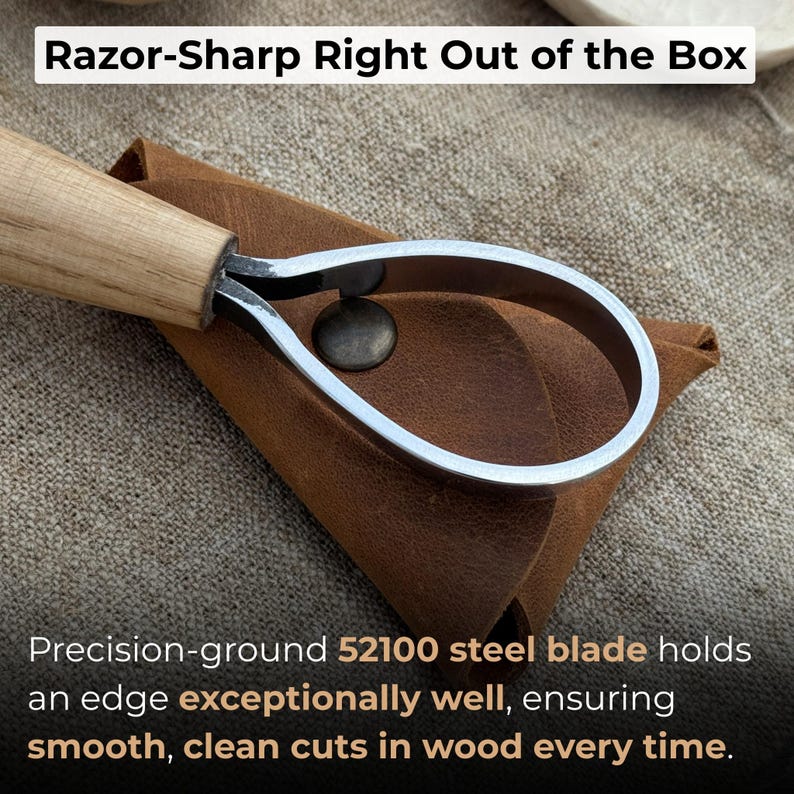 May include: A wood carving tool with a wooden handle and a curved, silver-colored blade. The tool is resting on a brown leather sheath. Text on the image reads "Razor-Sharp Right Out of the Box" and "Precision-ground 52100 steel blade holds an edge exceptionally well, ensuring smooth, clean cuts in wood every time."
