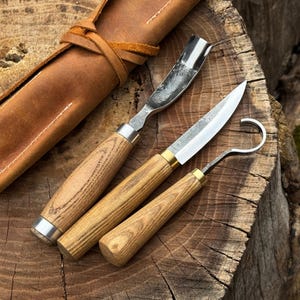 Father’s Day Gift, Hand Forged 3-Piece Spoon Carving Tool Set, Carbon Steel, Ash Wood
