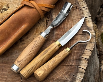 Father’s Day Gift, Hand Forged 3-Piece Spoon Carving Tool Set, Carbon Steel, Ash Wood