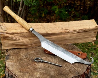 Small Stock Knife – 52100 Carbon Steel Blade, Ash Handle, Leather Sheath – Hand Forged Wood Carving & Clog Maker’s Knife