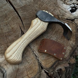 Wood Carving Adze. Sharp Blade. Hand Forged from Hardened Carbon 52100 Steel, Ergonomic Ash Handle, with Leather Sheath. Bowl Carving Axe