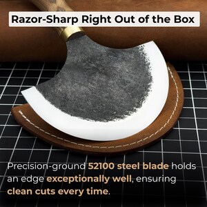Leather Half Moon Knife. Razor Sharp Blade. Head Knife. Hand Forged from Hardened Carbon 52100 Steel, Ash Wood Handle, with Leather Sheath image 3
