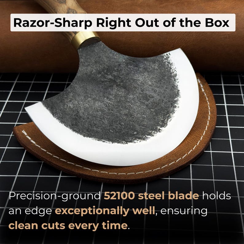 Leather Half Moon Knife. Razor Sharp Blade. Head Knife. Hand Forged from Hardened Carbon 52100 Steel, Ash Wood Handle, with Leather Sheath image 3