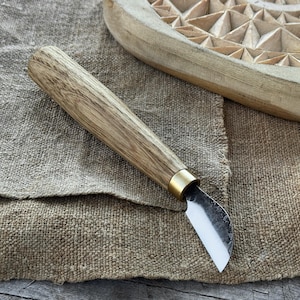Small Chip Carving Knife. Razor Sharp Blade. Hand Forged from Hardened Carbon Steel, Ash Wood Handle. Wood Carving Knife. Geometric Carving