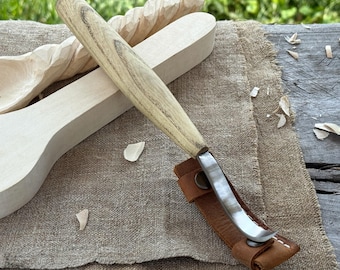 Spoon Carving Long Hook Knife. Razor Sharp Blade. Hand Forged from Hardened Carbon 52100 Steel, Ergonomic Ash Handle, with Leather Sheath.