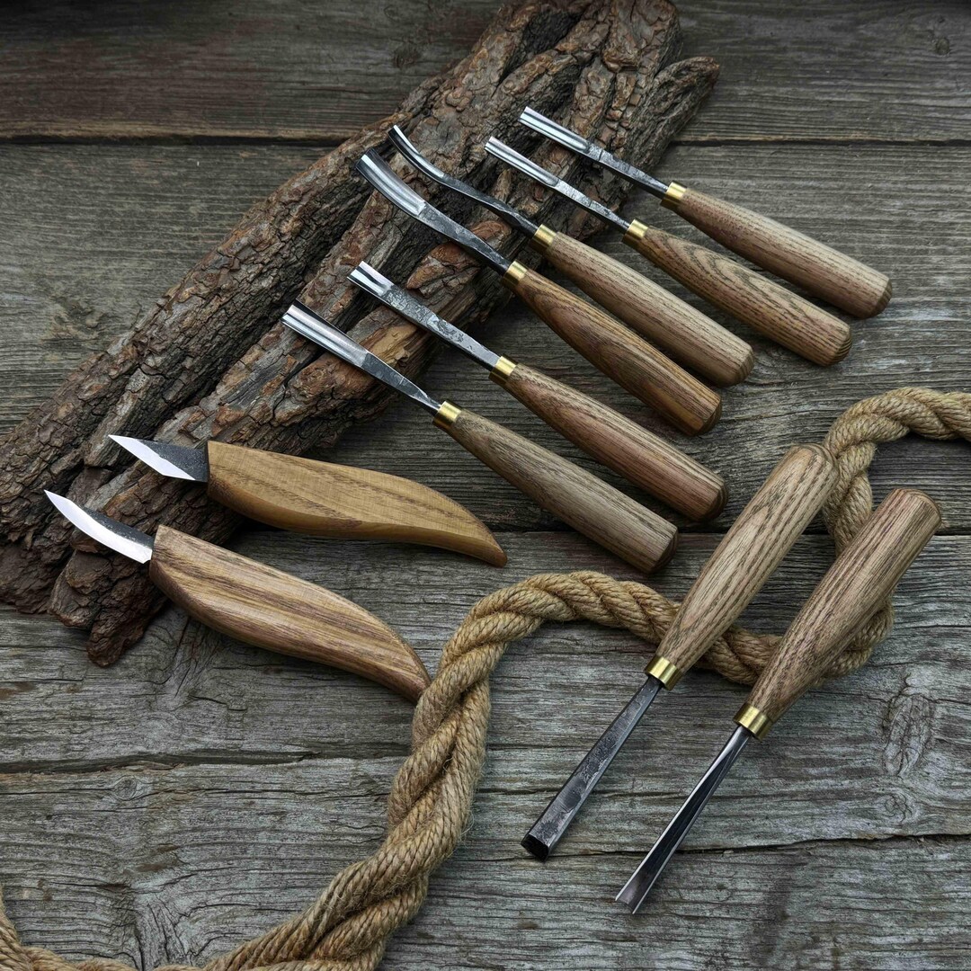 Set of 10 Tool for Wood Carving. Sharp Carbon Steel Blades, Ash Wood ...