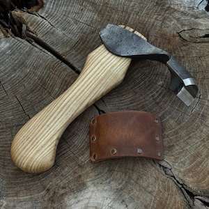 Bowl Carving Adze – 52100 Carbon Steel Blade, Ash Handle, Leather Sheath – Hand Forged Small Axe for Woodworking