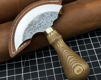 Leather Round Knife. Razor Sharp Blade. Half Moon Knife. Hand Forged from Hardened Carbon 52100 Steel, Ergonomic Handle, with Leather Sheath