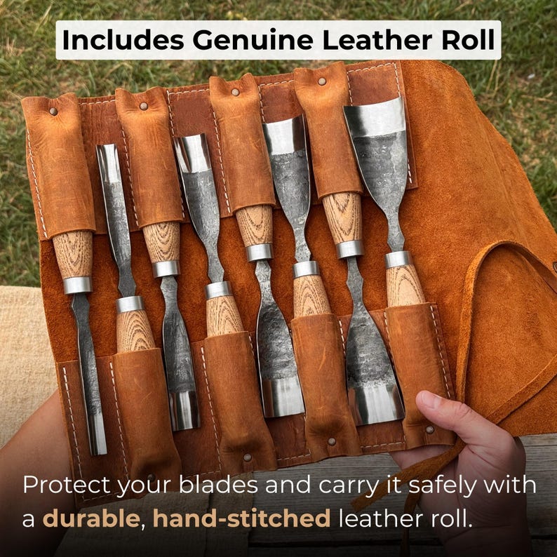 Wood Carving Gouges – Hand-Forged Sharp Carbon Steel Blades, Ergonomic Ash Wood Handles, Leather Roll, Spoon & Bowl Carving Tools image 4