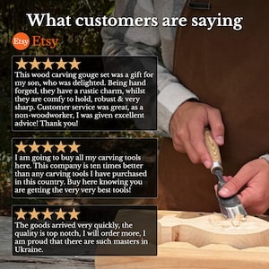 Puede incluir: Un gr&aacute;fico de rese&ntilde;as de clientes con el texto What customers are saying y tres rese&ntilde;as de cinco estrellas sobre un juego de gubias para madera. La imagen muestra a una persona usando una gubia de metal con mango de madera para tallar madera.
