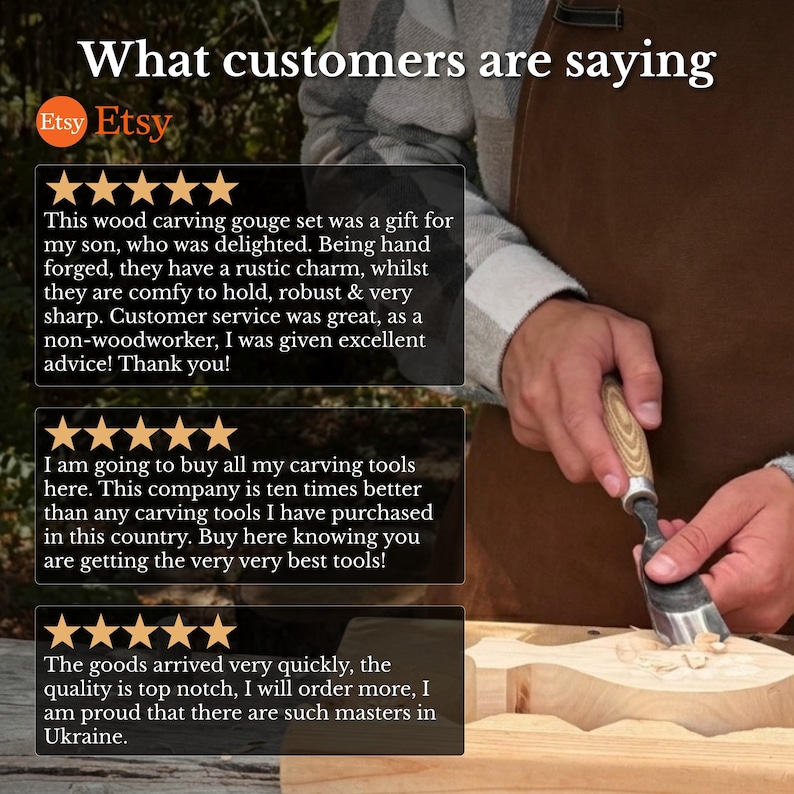 Puede incluir: Un gr&aacute;fico de rese&ntilde;as de clientes con el texto What customers are saying y tres rese&ntilde;as de cinco estrellas sobre un juego de gubias para madera. La imagen muestra a una persona usando una gubia de metal con mango de madera para tallar madera.