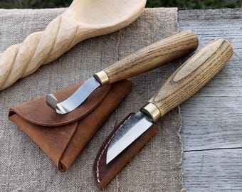 2-Piece Wood Carving Knife Set for Beginners. 52100 Carbon Steel Blades, Ash Handles, Leather Sheath. Knives for Spoon and Bowl Carving.