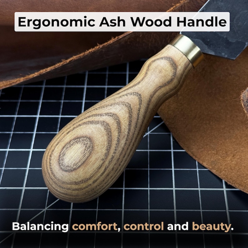Flat Skiving Knife. Razor Sharp Blade. Hand Forged From Hardened Carbon 52100 Steel, Ergonomic Ash Handle, With Leather Sheath. Leather Tool image 4