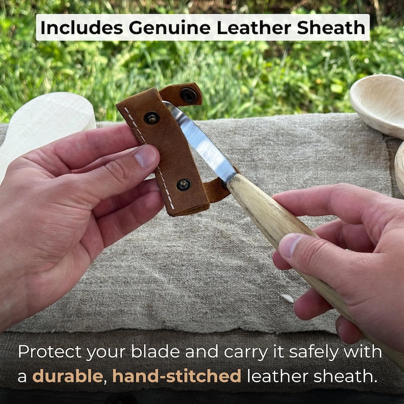 May include: A carving knife with a wooden handle and a stainless steel blade is shown in a brown leather sheath. The text "Includes Genuine Leather Sheath" and "Protect your blade and carry it safely with a durable, hand-stitched leather sheath" are visible.