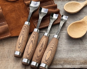 Hand-Forged 4-Piece Spoon Gouge Set. Carbon Steel Blades, Ash Handles, Leather Roll. Gouges for Bowl, Spoon Carving. Woodworking Tools.