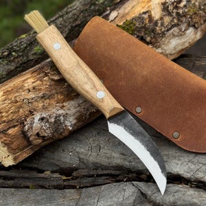 Hand-Forged Mushroom Foraging Knife – 52100 Carbon Steel Blade, Ash Handle with Cleaning Brush – Forest & Garden Knife