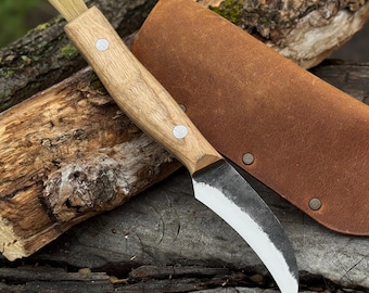 Cuchillo para recolectar setas forjado a mano – Hoja de acero al carbono 52100, mango de fresno con cepillo de limpieza – Cuchillo de bosque y jardín
