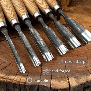 May include: A set of six wood carving gouges with light-colored wooden handles and dark, textured metal blades. Each blade features a stamped logo and a curved edge. Text overlays on the image include the phrases razor-sharp, hand-forged, and durable.