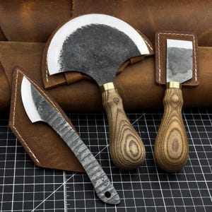 3-Piece Leather Knife Set. 52100 Carbon Steel Blades, Ash Wood Handles, Leather Sheaths. Forged Skiving Knives. Knives for Leatherworking.