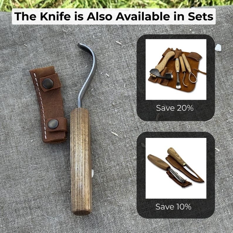 Hand Forged Hook Knife for Spoon Carving. Sharp Carbon Steel Blade, Ash Wood Handle, Leather Sheath. Beginners Knife for Wood Carving. image 10