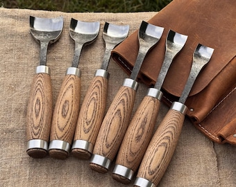 Forged Gouges for Wood Carving. 52100 Carbon Steel Blades, Ash Handles, Leather Roll. Sharp Gouges for Spoon and Bowl Carving.