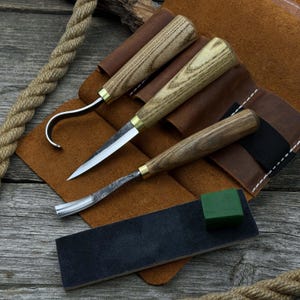 3-Piece Spoon Carving Tool Set with Sharpening Board. 52100 Carbon Steel Blades, Ash Handles, Leather Sheath. Universal Wood Carving Kit.