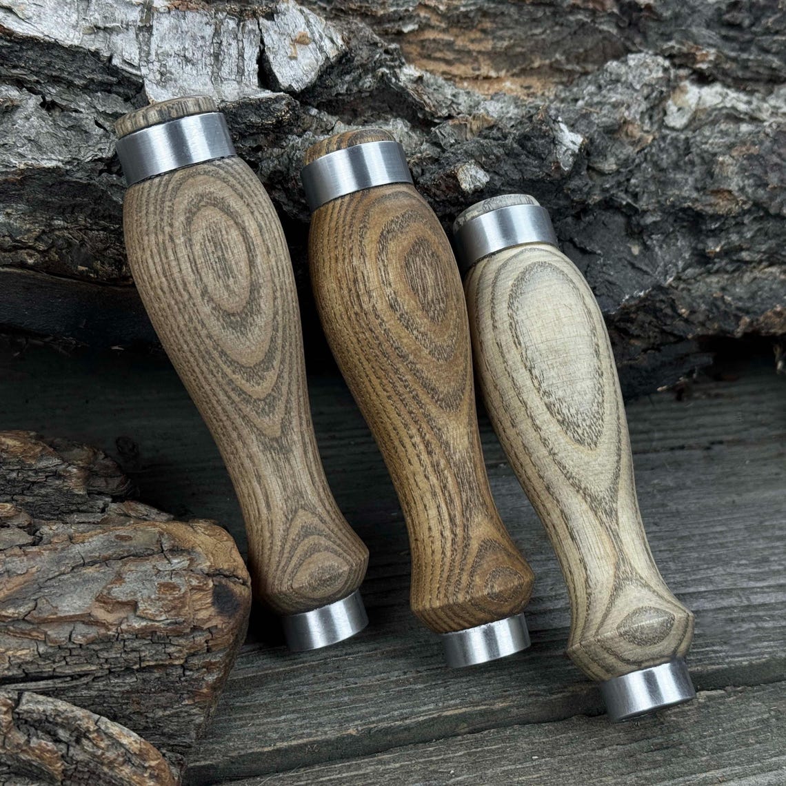 Set of 5 Round Ash Wood Handles With Aluminum Rings – Replacement ...