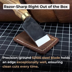 Straight Skiving Knife. Razor Sharp Blade. Leather Japanese Knife. Hand Forged from Hardened Carbon 52100 Steel, Ash Handle, with Sheath. image 3