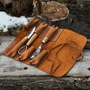 Gereedschapsrol van echt leer met 6 vakken. Universeel leren Crazy Horse. Opbergtas voor gereedschap. Rol voor beitels, gutsen, messen en garagegereedschap