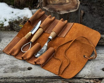 Genuine Leather Tool Roll with 6 Pockets. Universal Leather Crazy Horse. Tool Storage Bag. Roll for Chisels, Gouge, Knives and Garage Tools