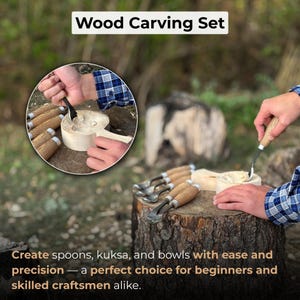 May include: A wood carving set with the text "Wood Carving Set". The image shows a set of carving tools and a wooden bowl being carved. The tools have wooden handles and metal blades. The text below says "Create spoons, kuksa, and bowls with ease and precision - a perfect choice for beginners and skilled craftsmen alike."