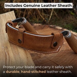 May include: A brown leather sheath with a hand-stitched design, protecting a curved blade with wooden handles. The sheath has a snap closure and is made of genuine leather. The text "Includes Genuine Leather Sheath" is visible.