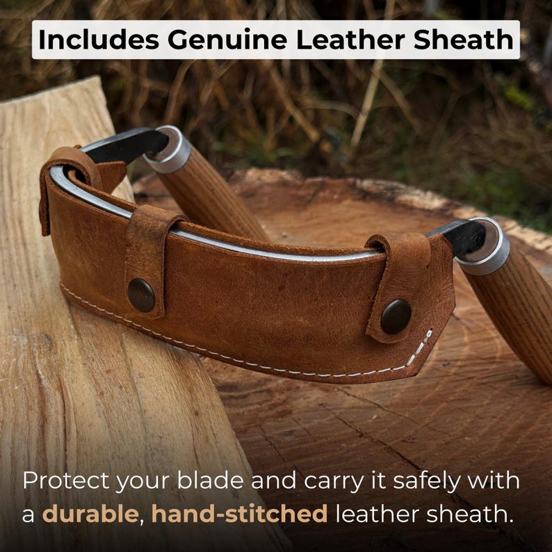 May include: A brown leather sheath with a hand-stitched design, protecting a curved blade with wooden handles. The sheath has a snap closure and is made of genuine leather. The text "Includes Genuine Leather Sheath" is visible.