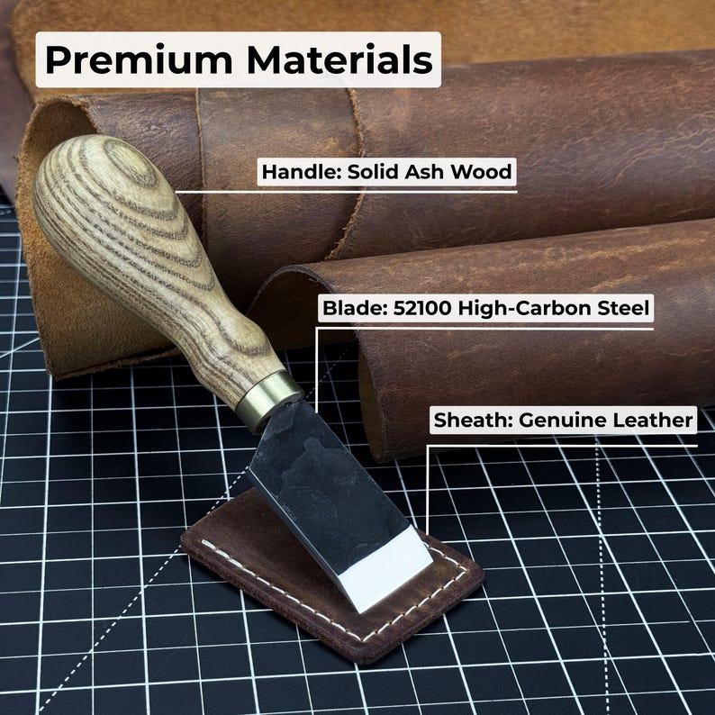 Flat Skiving Knife. Razor Sharp Blade. Hand Forged From Hardened Carbon 52100 Steel, Ergonomic Ash Handle, With Leather Sheath. Leather Tool image 7