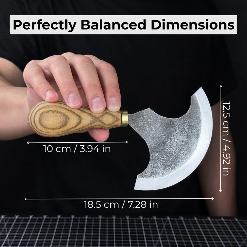 Leather Round Knife (Half Moon). Razor Sharp Blade. Hand Forged From hardened Carbon 52100 Steel, Ergonomic Ash Handle, with Leather Sheath image 6
