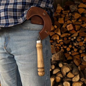 Hand Forged Small Sickle for Gardening. Sharp Carbon Steel Blade, Ash Wood Handle, Leather Sheath with Belt Loop. Harvesting Sickle.