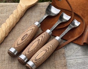 Ręcznie kute dłuta do rzeźbienia łyżek – wybierz rozmiar lub zestaw 3 sztuk – ostre ostrza ze stali węglowej, ergonomiczny uchwyt jesionowy, łyżka i narzędzie do rzeźbienia w drewnie