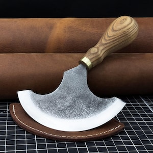 Leather Round Knife (Half Moon). Razor Sharp Blade. Hand Forged From hardened Carbon 52100 Steel, Ergonomic Ash Handle, with Leather Sheath image 1