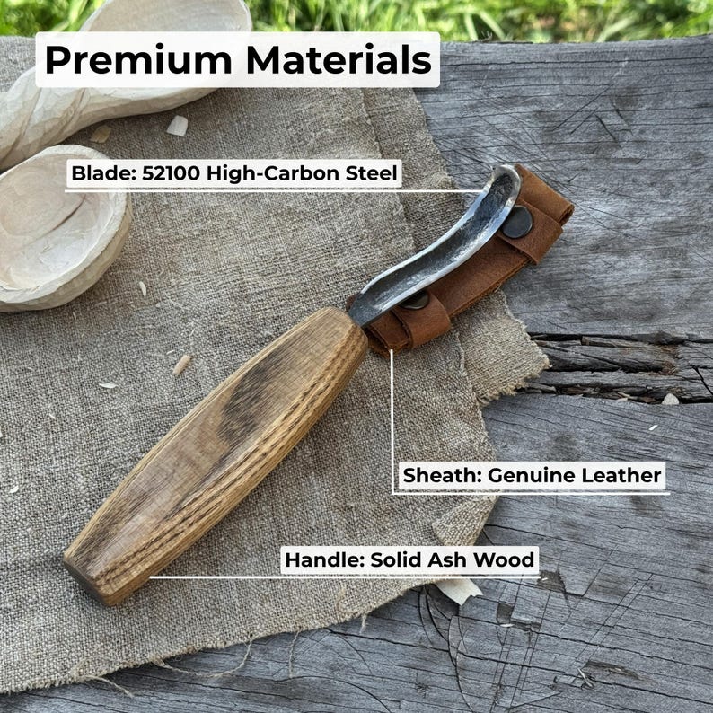 Hand Forged Hook Knife for Spoon Carving. Sharp Carbon Steel Blade, Ash Wood Handle, Leather Sheath. Beginners Knife for Wood Carving. image 6