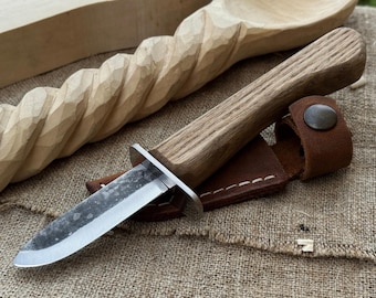 Safety Woodcarving Knife for Kids and Beginners. Forged Carbon Steel Blade. Ash Wood Handle. Leather Sheath. Knife for Whittling and Carving