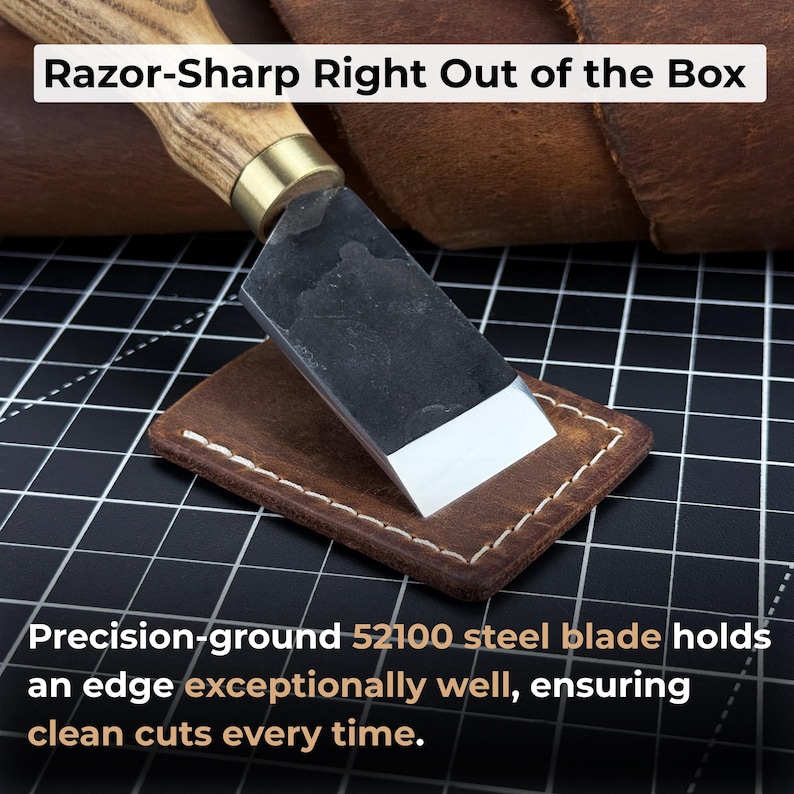 Flat Skiving Knife. Razor Sharp Blade. Hand Forged From Hardened Carbon 52100 Steel, Ergonomic Ash Handle, With Leather Sheath. Leather Tool image 3