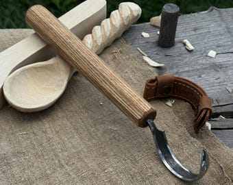 Personalized Long Hook Knife, Forged Carbon Steel, Ash Handle, Leather Sheath,  Spoon Carving Tool